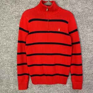 Vintage Polo Ralph Lauren Sweater Boys Large Red Striped Pony 1/4 Zip 80s‎ 90s